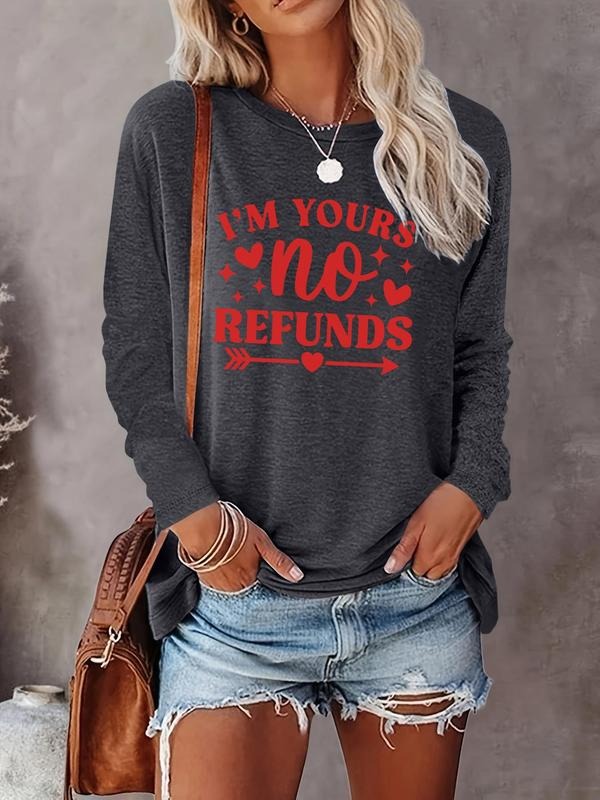 Women's Letter Print Round Neck Tee, Casual Long Sleeve Crew Neck T-shirt for Fall & Winter, Women's Top for Daily...