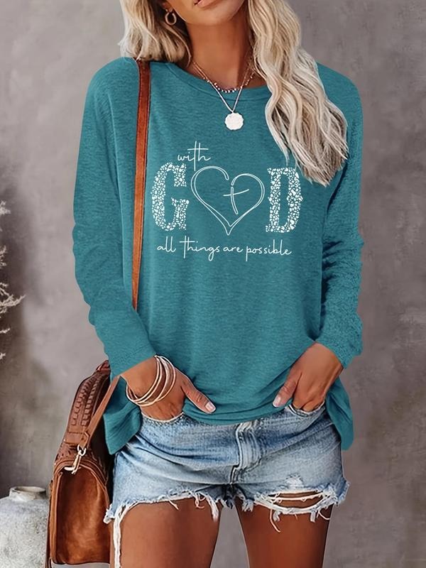 Women's Letter Print Round Neck Tee, Casual Long Sleeve Crew Neck T-shirt for Fall & Winter, Women's Top for Daily...