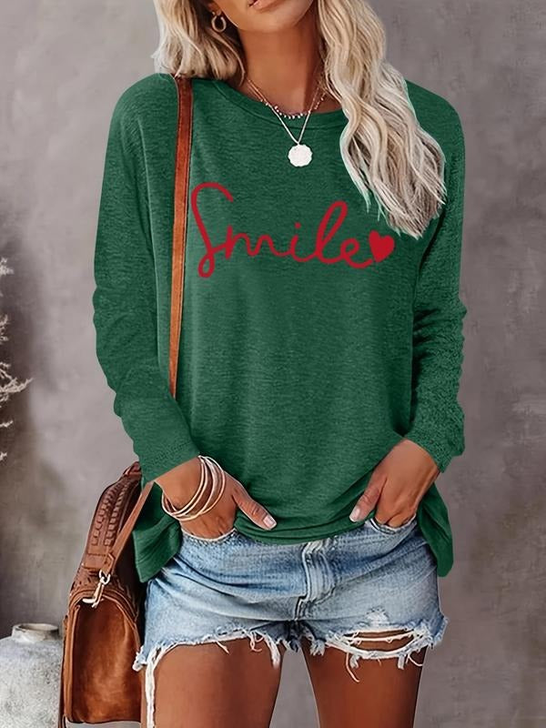 Women's Letter Print Round Neck Tee, Casual Long Sleeve Crew Neck T-shirt for Fall & Winter, Women's Top for Daily...