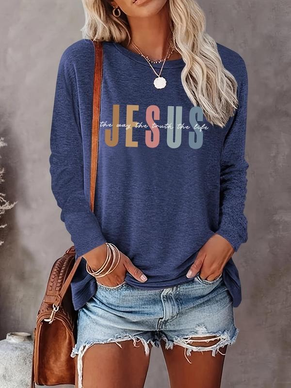 Women's Letter Print Round Neck Tee, Casual Long Sleeve Crew Neck T-shirt for Fall & Winter, Women's Top for Daily...