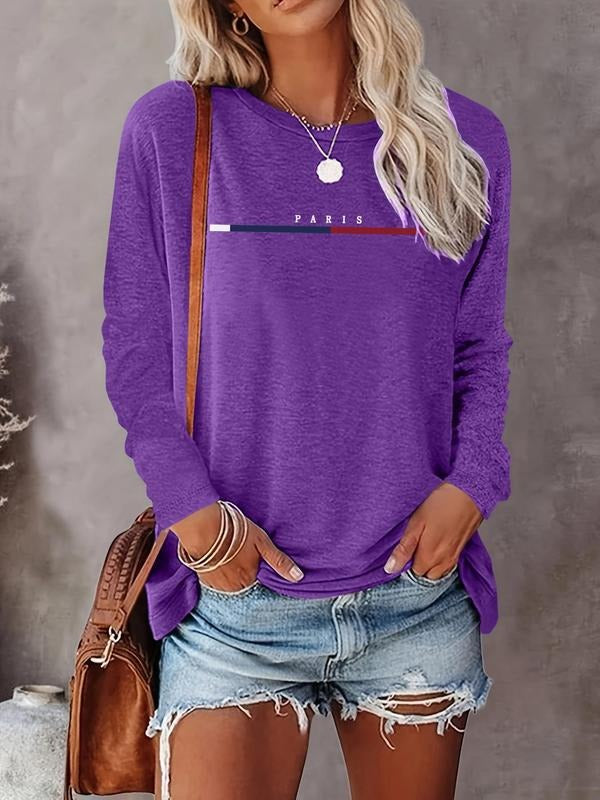 Women's Letter Print Round Neck Tee, Casual Long Sleeve Crew Neck T-shirt for Fall & Winter, Women's Top for Daily...