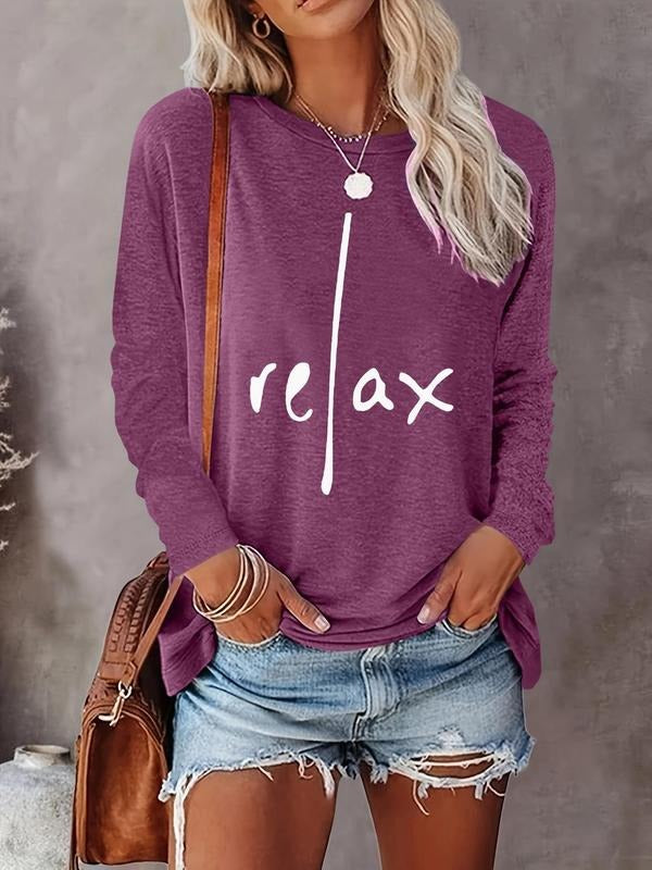 Women's Letter Print Round Neck Tee, Casual Long Sleeve Crew Neck T-shirt for Fall & Winter, Women's Top for Daily...