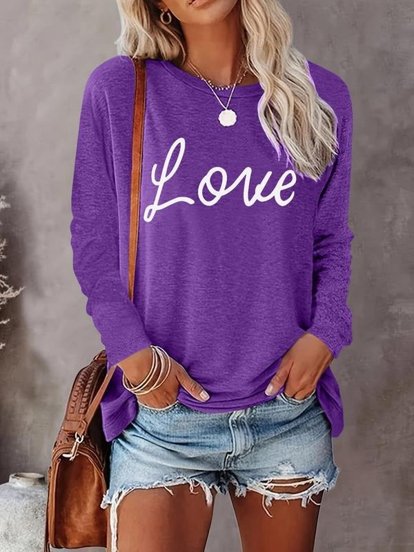 Women's Letter Print Round Neck Tee, Casual Long Sleeve Crew Neck T-shirt for Spring & Fall, Women's Top for Daily...