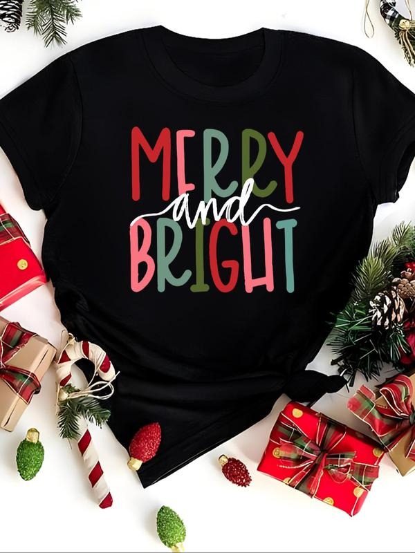 Women's Letter Print Round Neck Tee, Casual Short Sleeve Crew Neck T-Shirt for All Seasons, Fashion Women's Top for Daily...