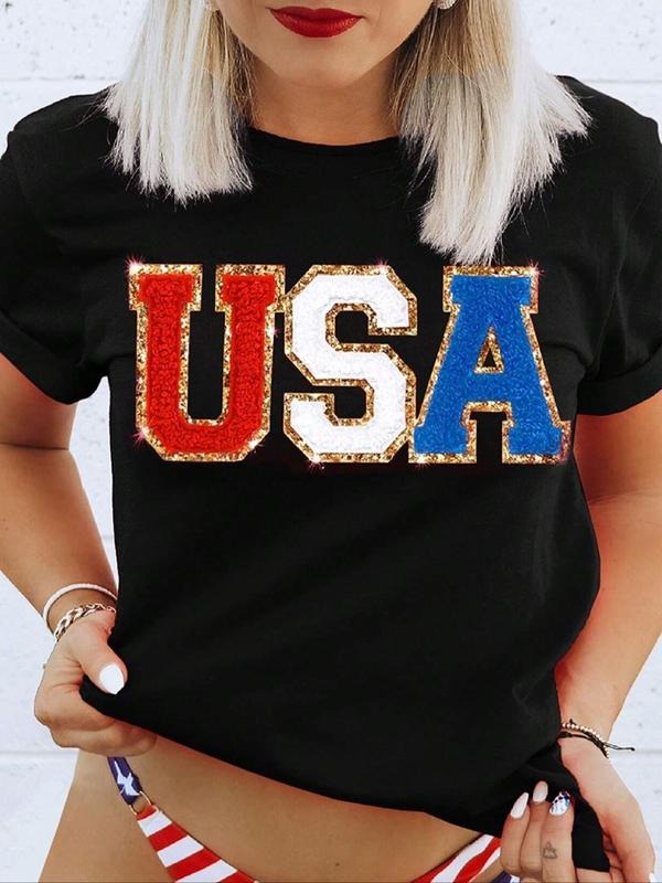 Women's Letter Print Round Neck Tee, Casual Short Sleeve Crew Neck T-Shirt for Summer, Fashion Women's Top for Daily Wear...