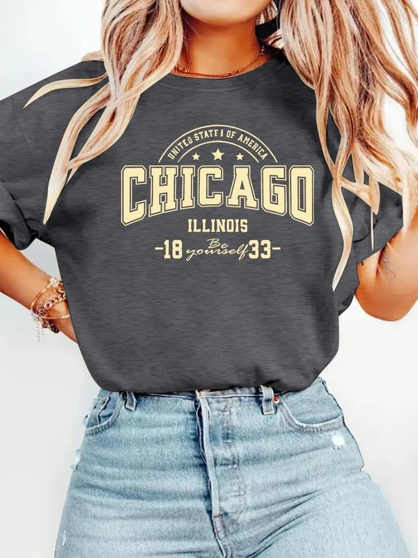 Women's Letter Print Round Neck Tee, Casual Short Sleeve Crew Neck T-Shirt for Summer, Fashion Women's Top for Daily Wear...