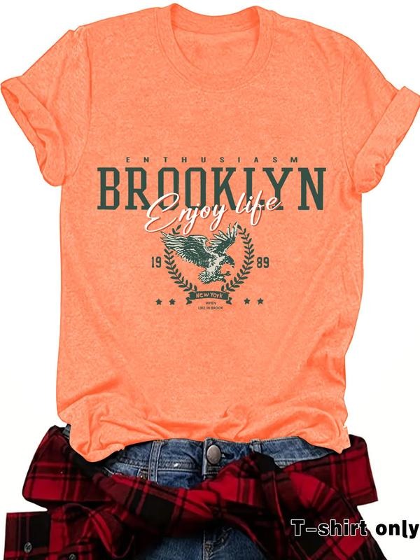 Women's Letter Print Round Neck Tee, Casual Short Sleeve Crew Neck T-Shirt for Summer, Fashion Women's Top for Daily Wear...