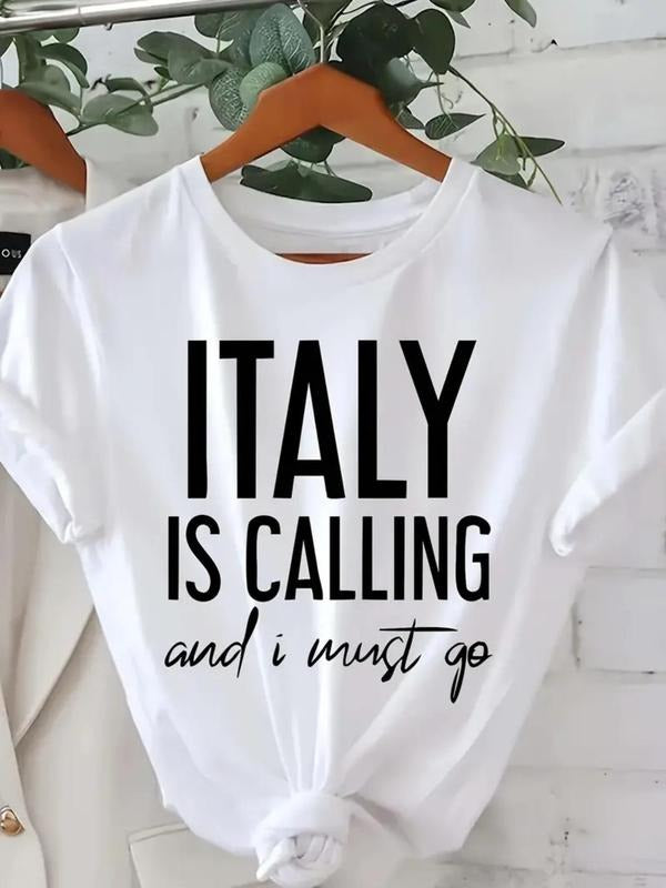 Women's Letter Print Round Neck Tee, Casual Short Sleeve Crew Neck T-Shirt for Summer, Fashion Women's Top for Daily Wear...