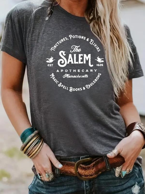 Women's Letter Print Round Neck Tee, Casual Short Sleeve Crew Neck T-Shirt for Summer, Fashion Women's Top for Daily Wear...