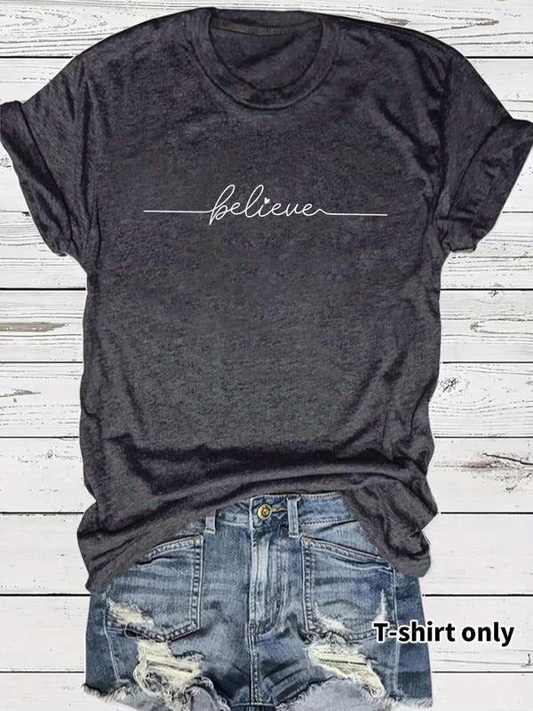 Women's Letter Print Round Neck Tee, Casual Short Sleeve Crew Neck T-Shirt for Summer, Fashion Women's Top for Daily Wear...