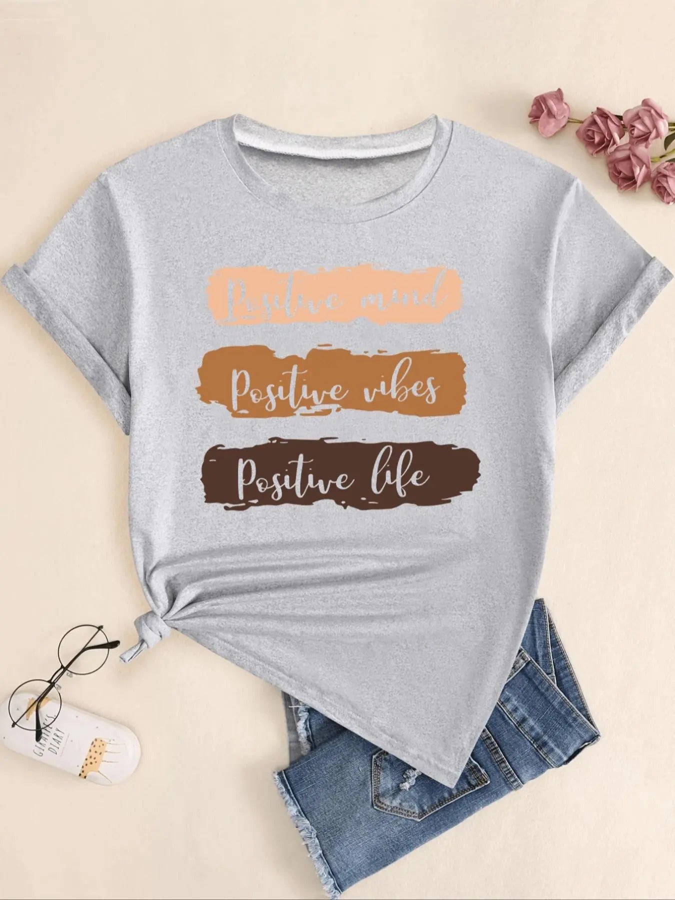 Women's Letter Print Round Neck Tee, Casual Short Sleeve Crew Neck T-Shirt for Summer, Fashion Women's Top for Daily...