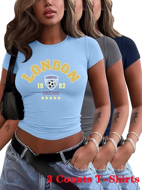 Women's Letter Print Round Neck Tee, Casual Short Sleeve Crew Neck T-shirt for Daily Wear, Ladies Clothes for All...