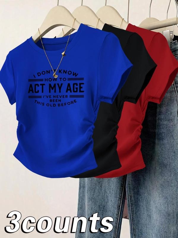 Women's Letter Print Round Neck Tee, Casual Short Sleeve Crew Neck T-shirt for Daily Wear, Ladies Clothes for All...