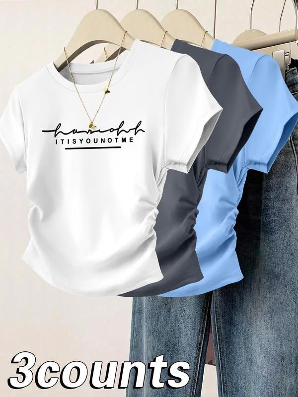 Women's Letter Print Round Neck Tee, Casual Short Sleeve Crew Neck T-shirt for Daily Wear, Ladies Clothes for All...
