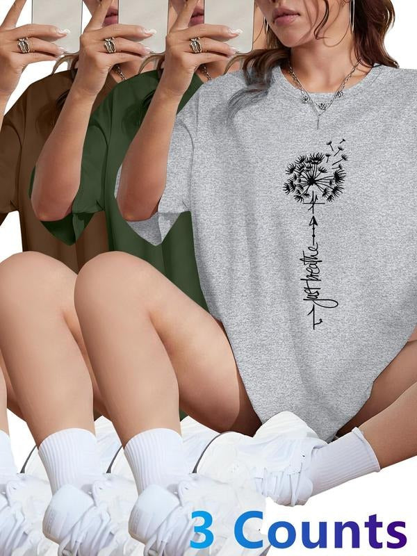 Women's Letter Print Round Neck Tee, Casual Short Sleeve Crew Neck T-shirt for Daily Wear, Ladies Clothes for All...