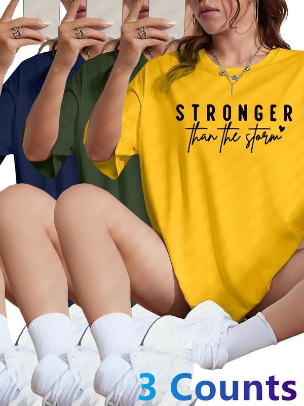 Women's Letter Print Round Neck Tee, Casual Short Sleeve Crew Neck T-shirt for Daily Wear, Ladies Clothes for All...