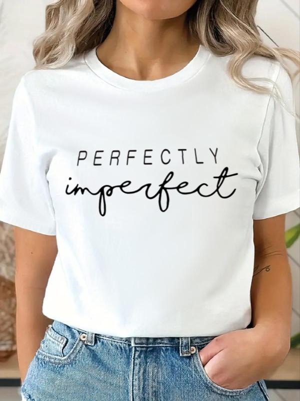 Women's Letter Print Round Neck Tee, Casual Short Sleeve Crew Neck T-shirt for Summer, Fashion Women's Top for Daily Wear...