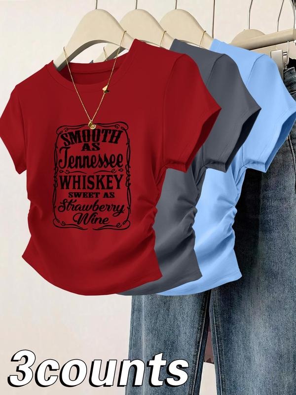 Women's Letter Print Round Neck Tee, Casual Short Sleeve T-shirt for Daily Wear, Ladies Clothes for All Seasons,...