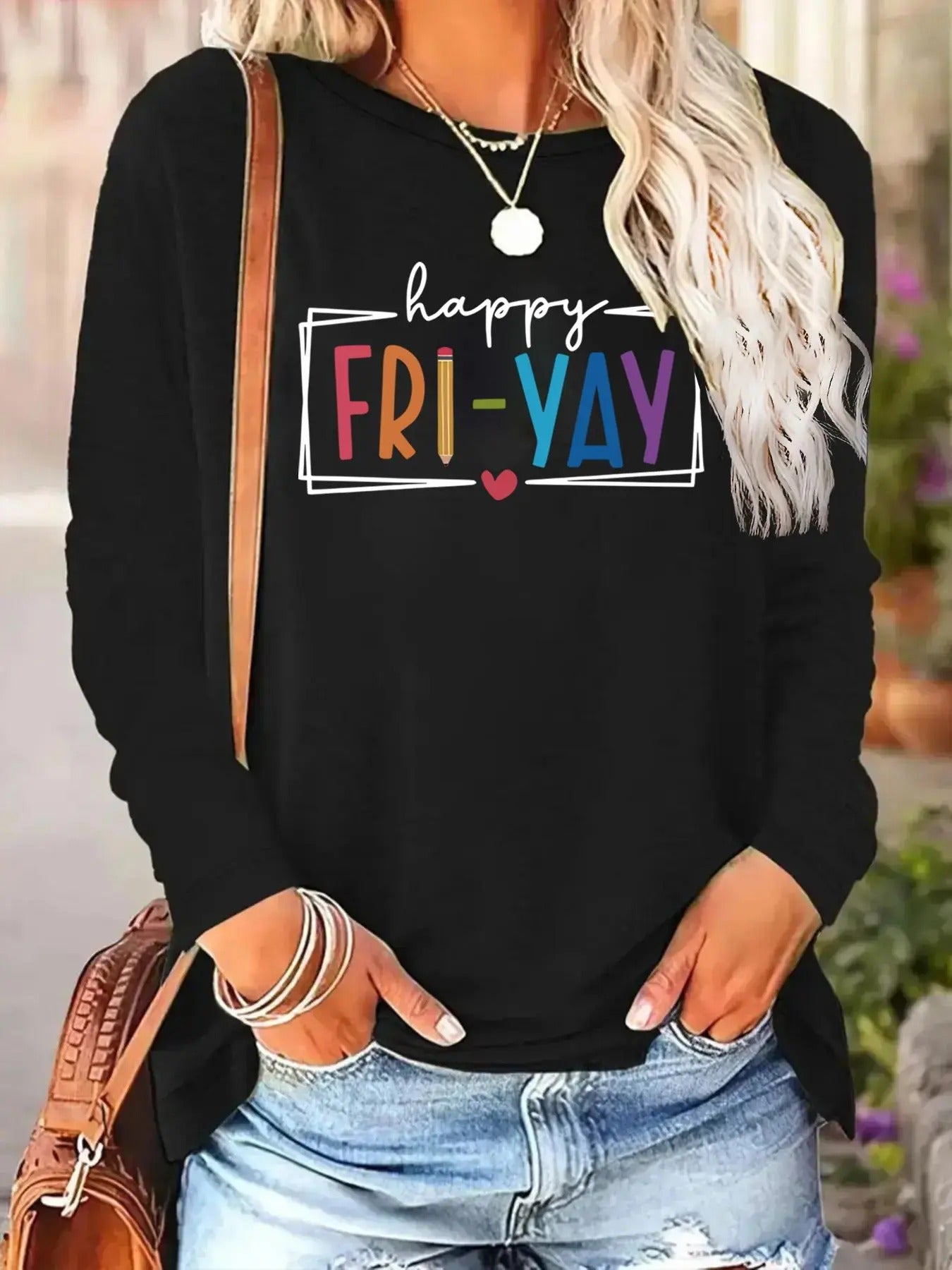 Women's Letter Print Round Neck Tee, Fashion Casual Crew Neck Long Sleeve T-shirt for Daily Holiday Vacation Outdoor...