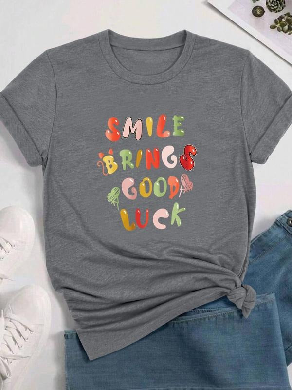 Women's Letter Print Round Neck Tee, Fashion Casual Crew Neck T-Shirt for Daily Holiday Vacation Outdoor Wear, Ladies...