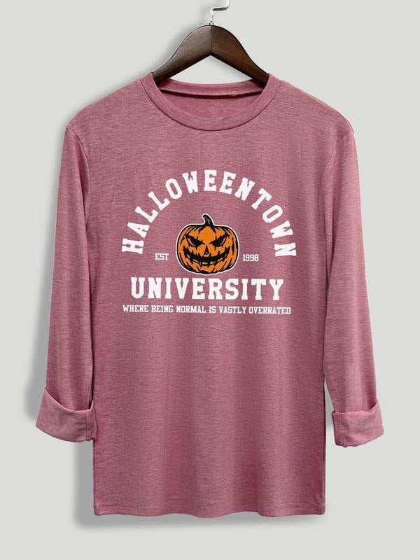 Women's Letter Print Round Neck Tee, Halloween Themed Fashion Casual Crew Neck Long Sleeve T-shirt for Daily Holiday...