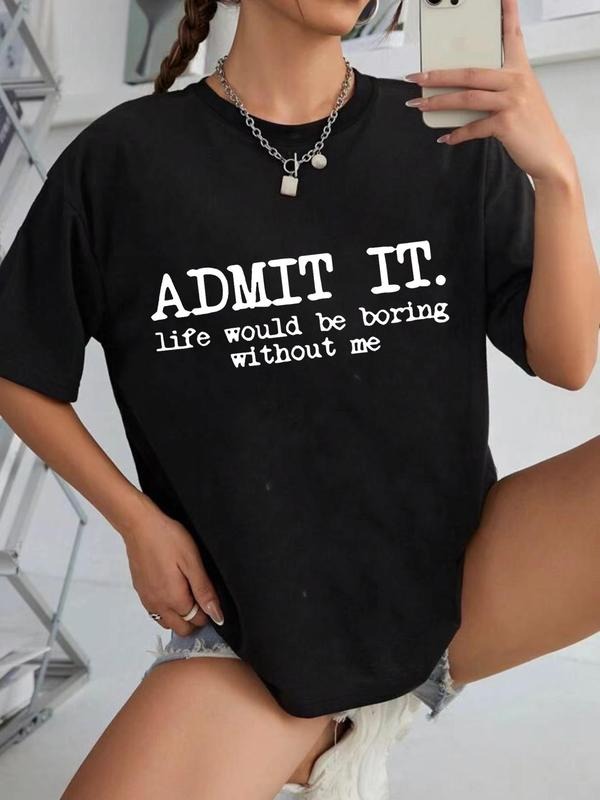 Women's Letter Print Round Neck Tee, Trendy Casual Drop Shoulder Short Sleeve T-shirt for Daily Wear, Ladies All Seasons...