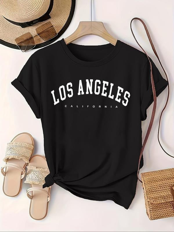 Women's Letter Print Round Neck Tee, Trendy Casual Short Sleeve T-Shirt for Daily Wear, Ladies All Seasons Clothing...