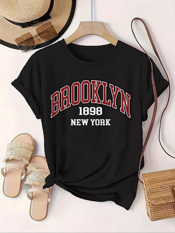 Women's Letter Print Round Neck Tee, Trendy Casual Short Sleeve T-shirt for Daily Wear, Ladies All Seasons Tops Hoodie,...