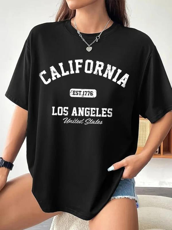 Women's Letter Print Round Neck Tee, Vintage Trendy Casual Short Sleeve T-shirt for Daily Wear, Ladies All Seasons Tops...