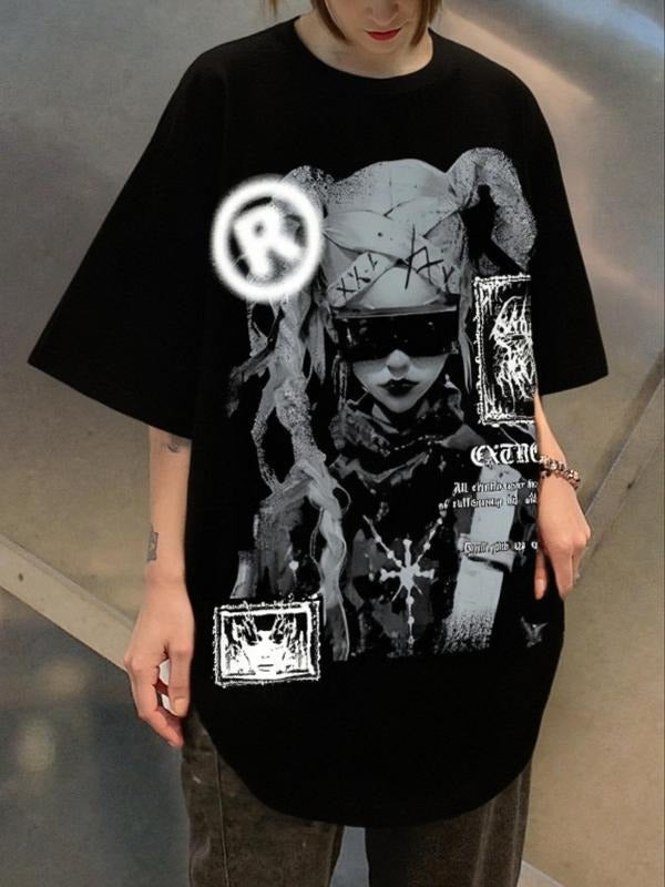 Women's Letter Print Round Neck Tee, Vintage Trendy Casual Short Sleeve T-shirt for Daily Wear, Ladies Summer Outfit...