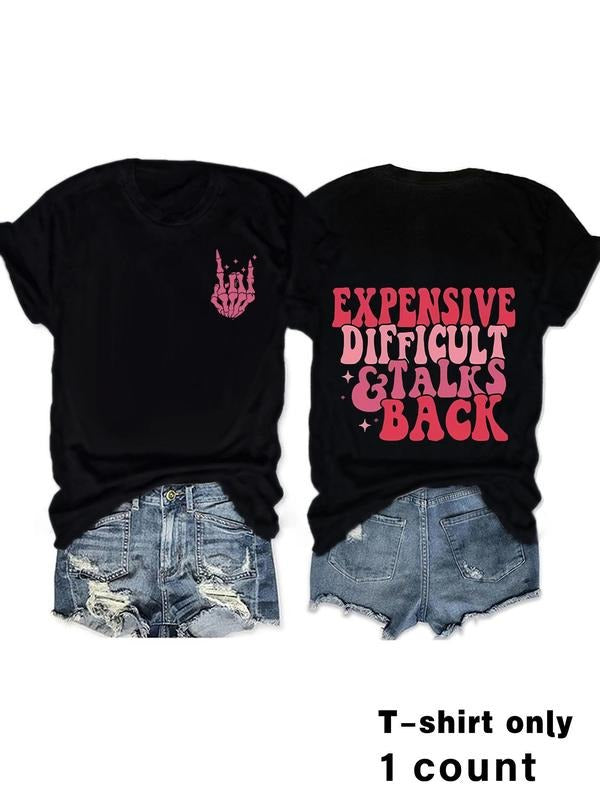 Women's Letter Print Round Neck Tee, Vintage Trendy Casual Short Sleeve T-shirt for Daily Wear, Ladies Summer Outfit...
