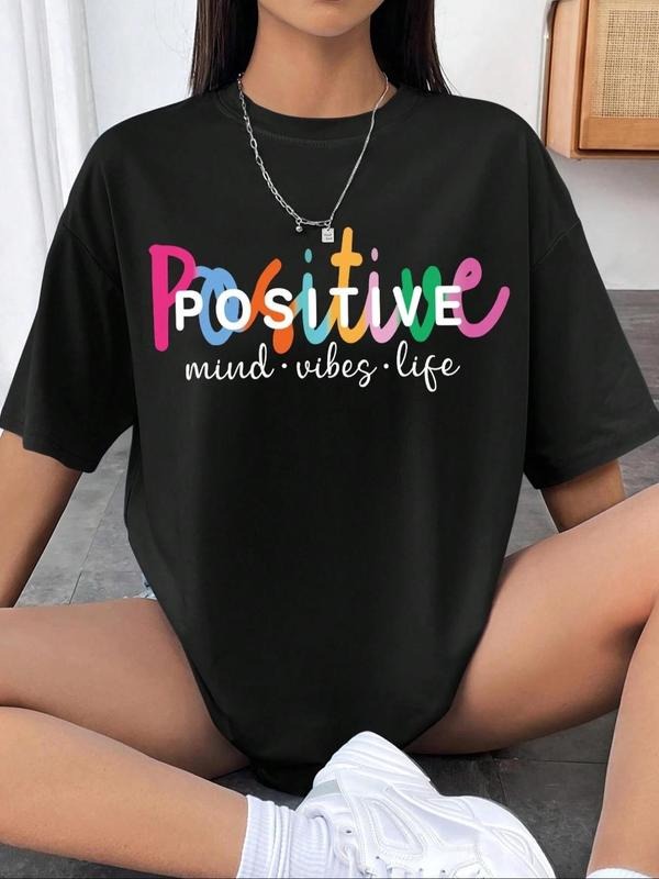 Women's Letter Print Round Neck Tee, Vintage Trendy Casual Short Sleeve T-shirt for Daily Wear, Ladies Summer Outfit, Top...
