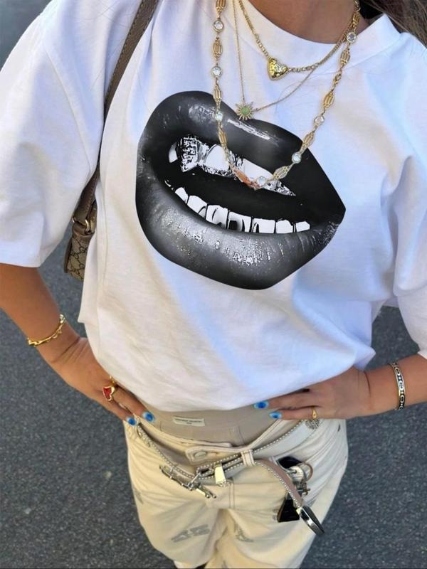 Women's Letter Print Round Neck Tee, Vintage Trendy Casual Short Sleeve T-shirt for Daily Wear, Ladies Summer Outfit, Top...