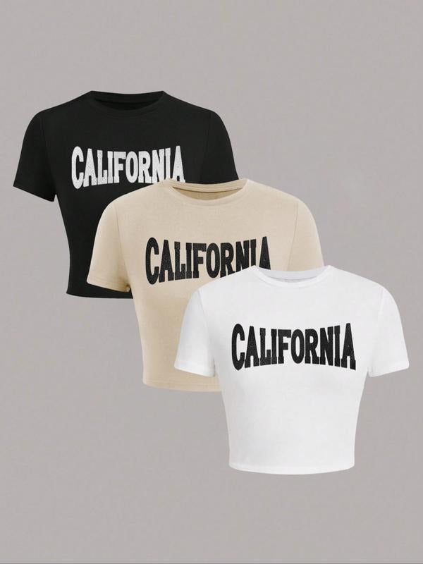 Women's Letter Print Short Sleeve Crop Tee, Casual Round Neck T-shirt for Daily Wear, Streetwear Tops for All Seasons...