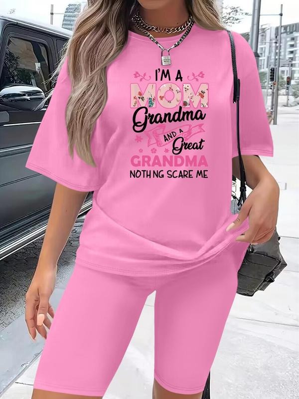 Women's Letter Print Short Sleeve Tee & Skinny Shorts Set, Casual Round Neck T-shirt & Short Leggings, Ladies Two-piece...