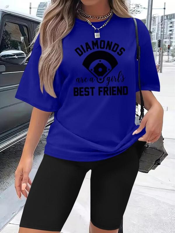 Women's Letter Print Short Sleeve Tee & Skinny Shorts Two-Piece Set, Casual Round Neck T-Shirt & Short Leggings, Ladies...