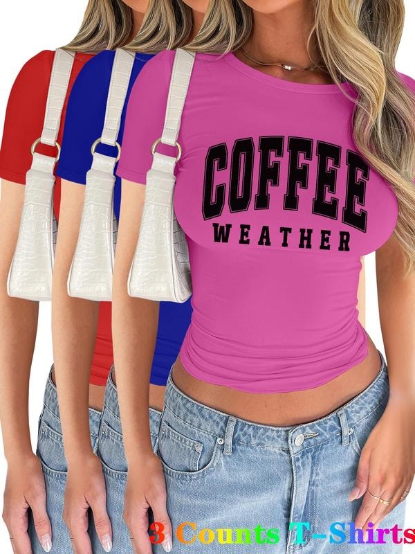 Women's Letter Print Short Sleeve Tee, Casual Coffee Weather Printed T-shirt for Summer, Ladies Clothes for Daily Wear,...
