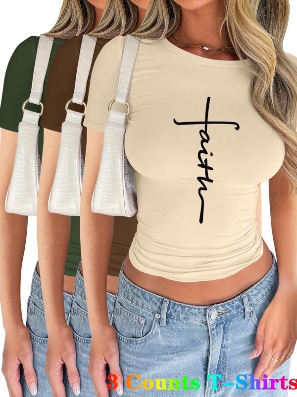 Women's Letter Print Short Sleeve Tee, Casual Cross Print Round Neck T-shirt for Summer, Ladies Clothes for Daily Wear,...