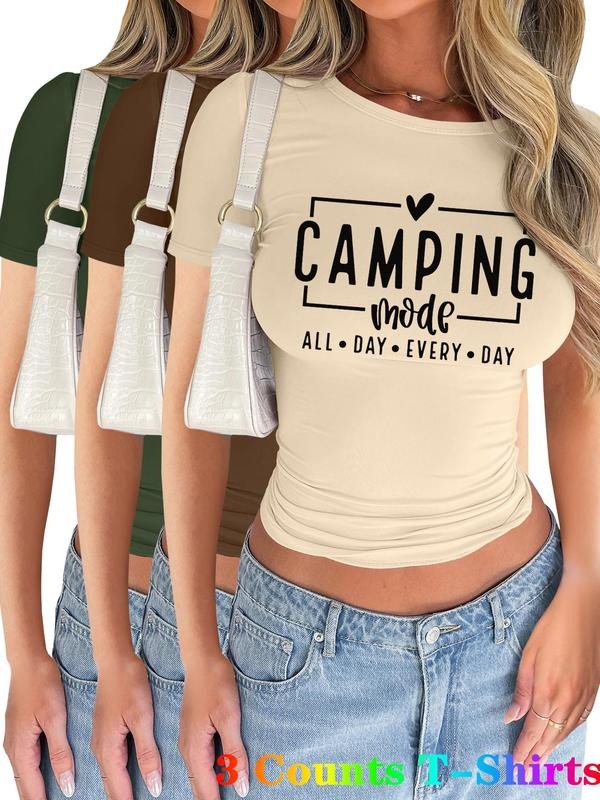 Women's Letter Print Short Sleeve Tee, Casual Round Neck T-shirt for Summer, Ladies Clothes for Daily Wear, Top Hoodie,...