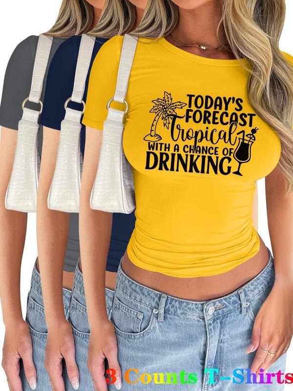 Women's Letter Print Short Sleeve Tee, Casual Tropical Print Graphic T-shirt with Drinking Cups Design, Ladies Summer...