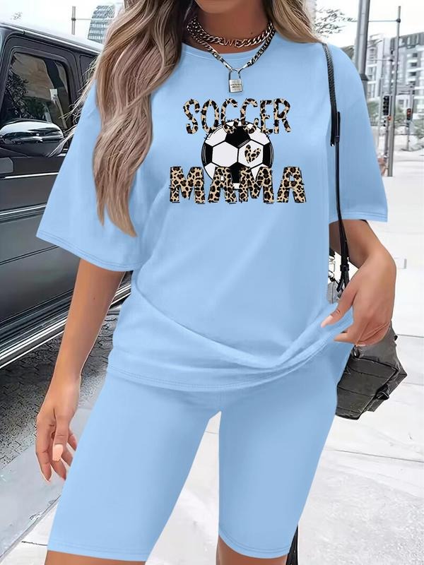 Women's Letter Print Soccer Mom Tee & Skinny Shorts Set, Casual Short Sleeve T-shirt & Shorts, Ladies Clothes for Daily...