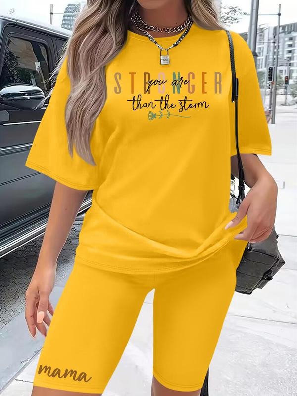 Women's Letter Print Tee & Shorts Set, Casual Short Sleeve T-shirt & Skinny Shorts, Ladies Clothes for Daily Wear Hoodie,...