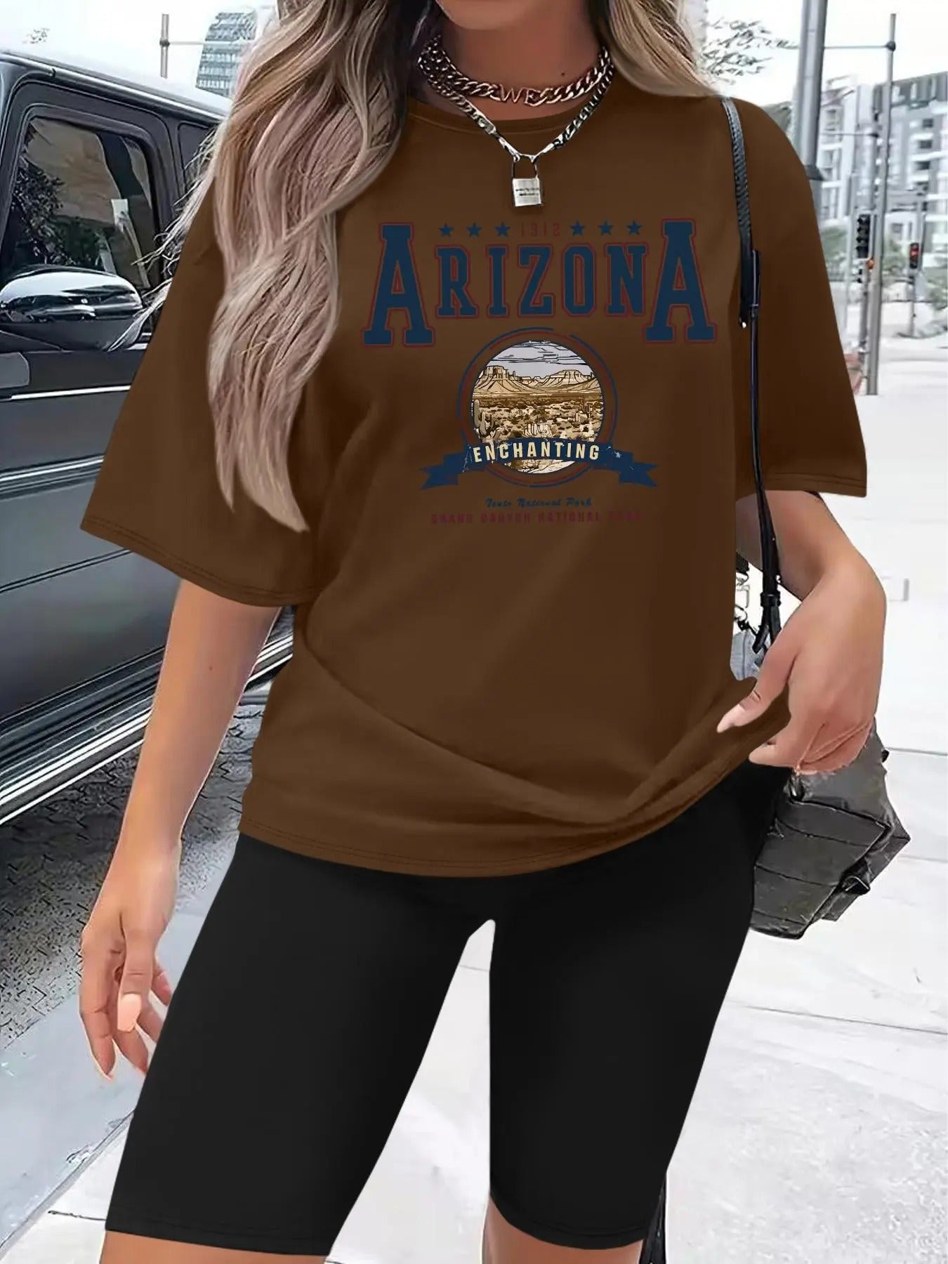 Women's Letter Print Tee & Shorts Two-Piece Set, Casual Short Sleeve T-Shirt & Skinny Shorts, Ladies Two-Piece Outfits...