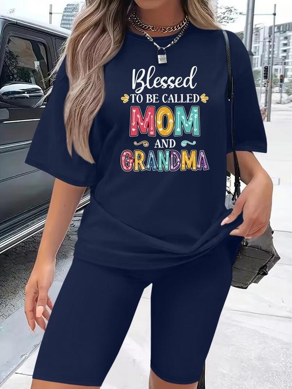 Women's Letter Print Tee & Skinny Shorts Set, Casual Short Sleeve T-shirt & Short Leggings, Ladies Clothes for Daily Wear...