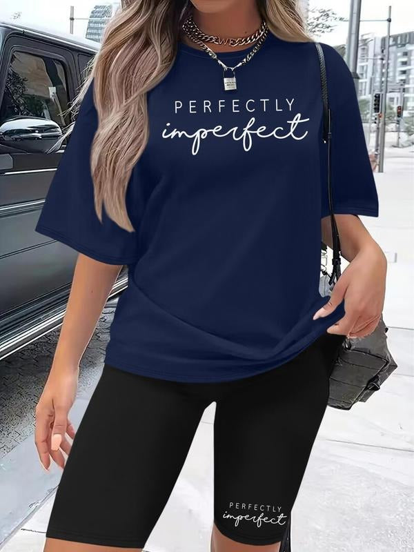 Women's Letter Print Tee & Skinny Shorts Set, Casual Short Sleeve T-shirt & Shorts, Ladies Clothes for Daily...