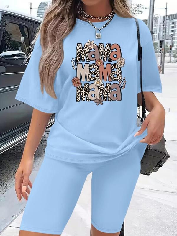 Women's Letter Print Tee & Skinny Shorts Two-Piece Set, Casual Short Sleeve T-shirt & Shorts for Daily Wear, Ladies...