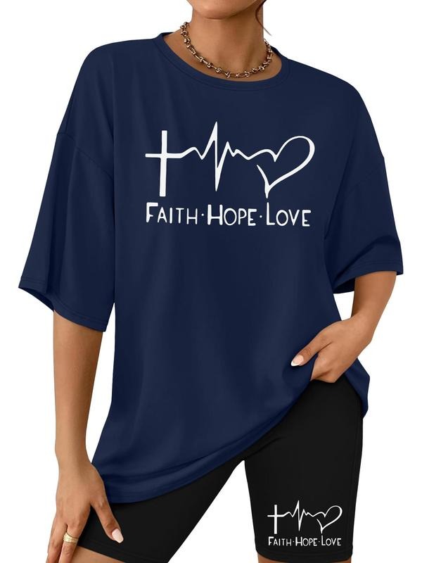 Women's Letter and Heart Print Tee & Shorts Set, Casual Half  Sleeve T-shirt & Skinny Shorts, Ladies Clothes for Daily...