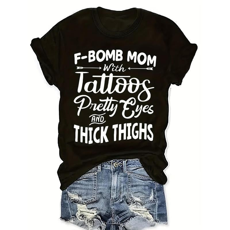 Women's Lettering Print T-Shirt "F-Bomb Mom" - Casual crew neck short sleeve top, lettering, knit fabric,, all seasons