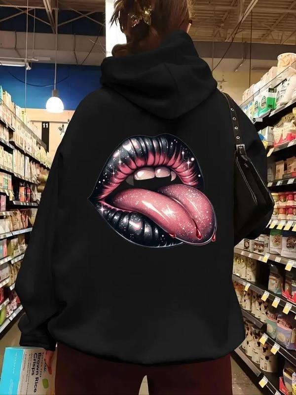 Women's Lip Print Drawstring Pocket Hoodie, Fashion Casual Hooded Sweatshirt for Daily Holiday Outdoor Wear, Women...