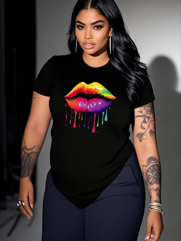 Women's Lip Print Round Neck Tee, Fashion Casual Crew Neck Short Sleeve T-shirt for Daily Holiday Vacation Outdoor Wear,...
